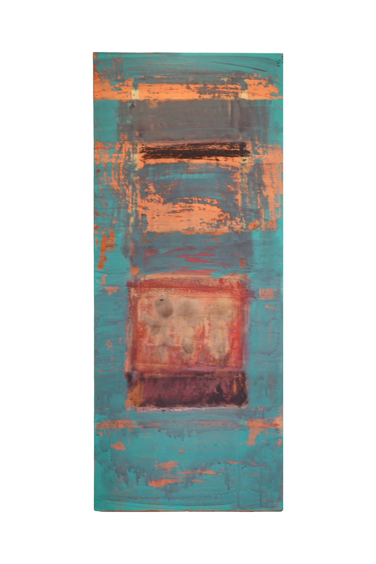 Peinture verticale turquoise avec formes rectangulaires corail et mauves, évoquant une porte ou un passage.