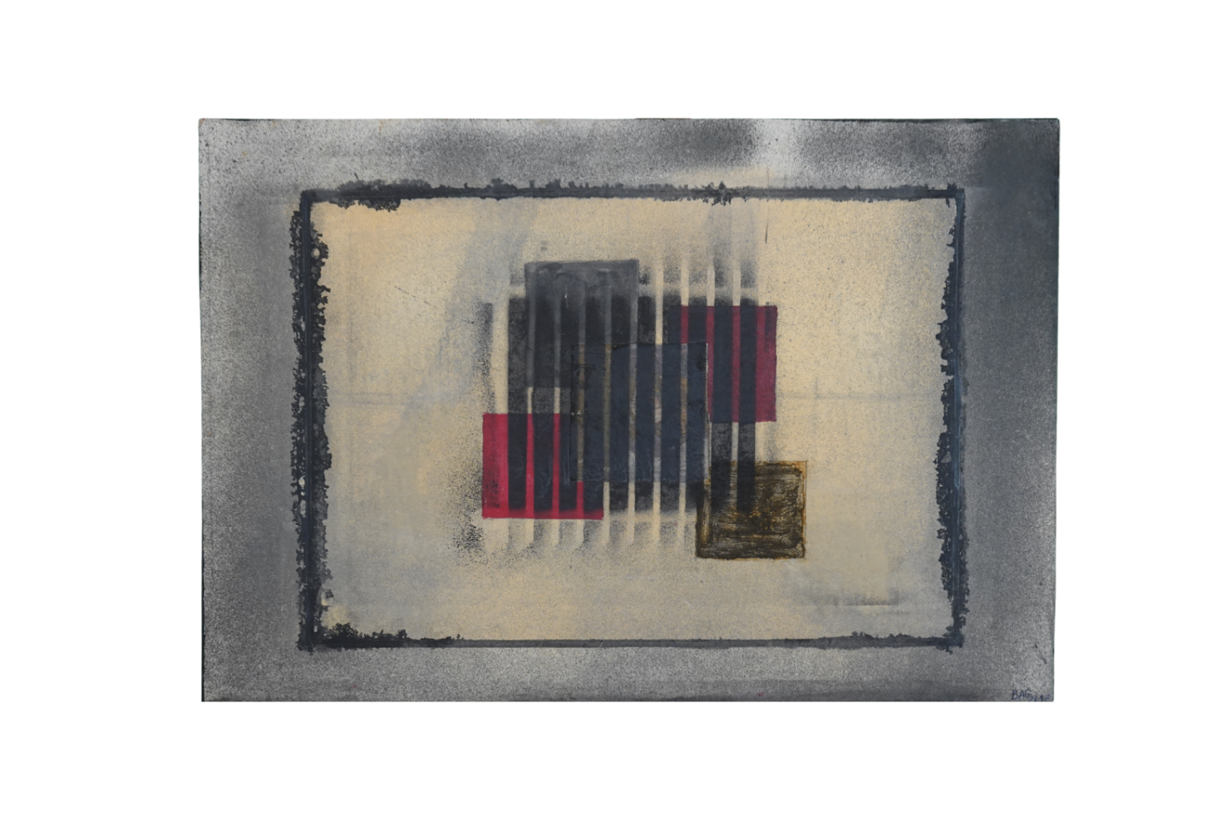 Composition géométrique sur fond gris avec formes rouges, bleues et lignes verticales blanches dans un cadre peint sombre.