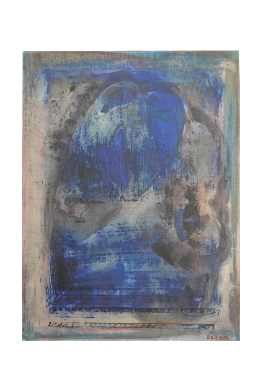 Peinture abstraite dominée par des bleus profonds et des masses floues, avec une présence centrale presque organique.