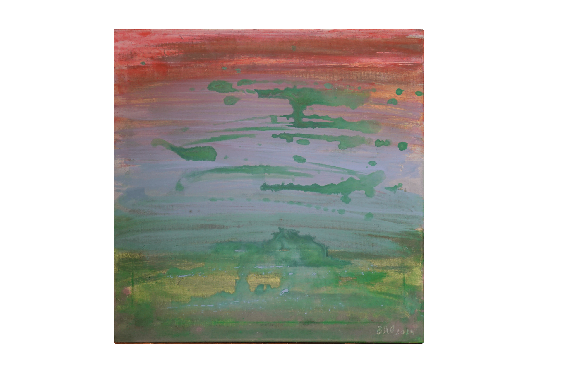 Composition verte et rose avec coulures et nappes fluides, évoquant un paysage lavé par la pluie.