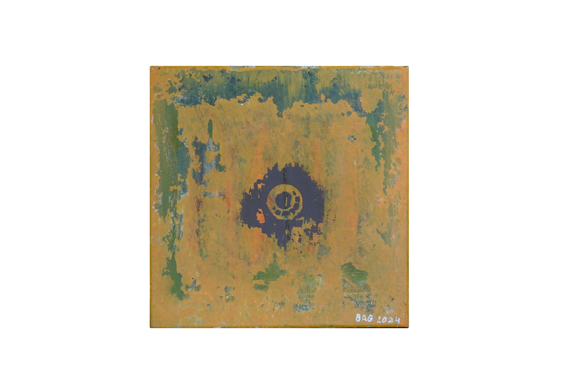 Petite toile carrée ocre safran avec une forme circulaire sombre au centre traversée d'un anneau jaune.
