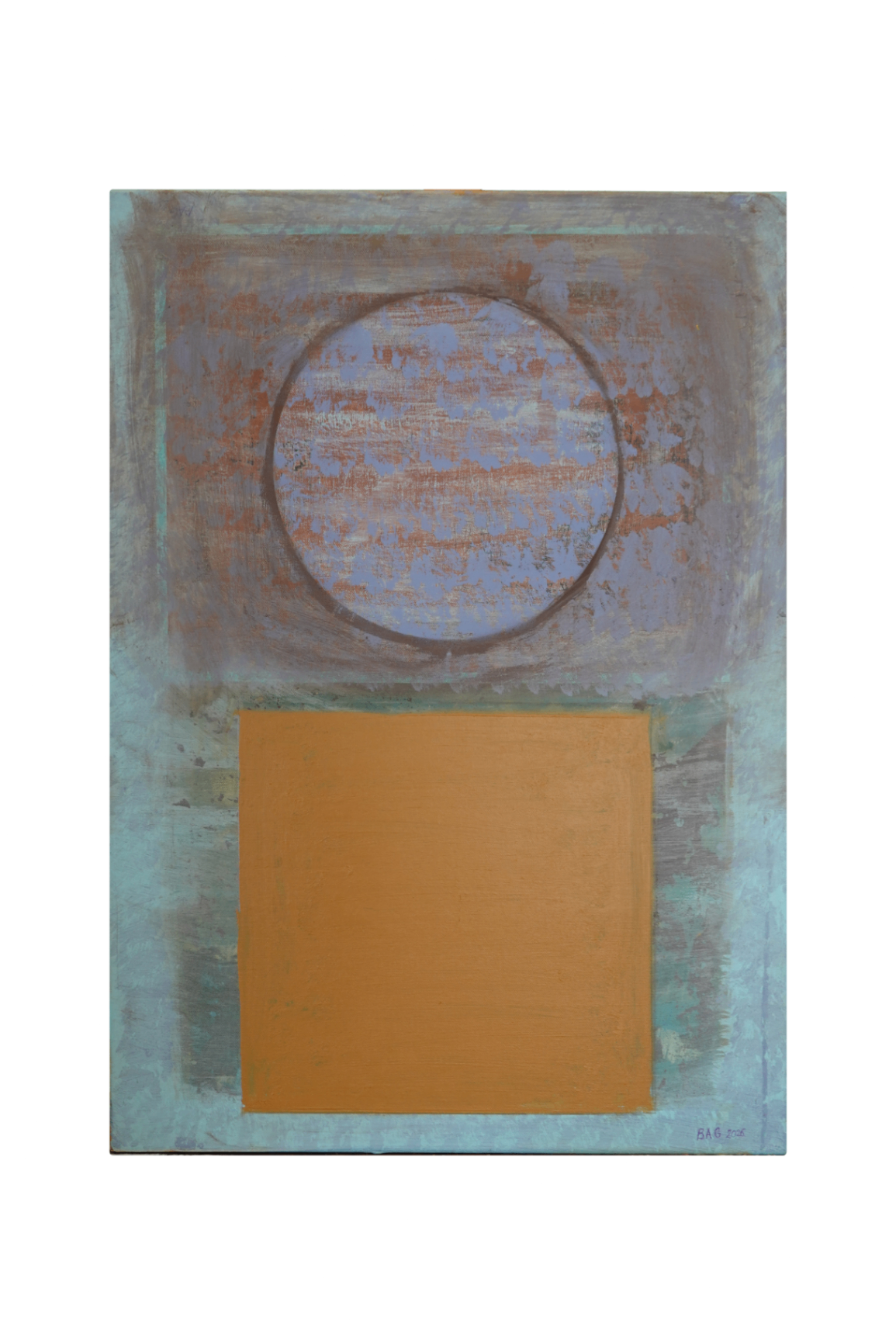 Composition turquoise et lilas avec grand cercle pâle au-dessus d'un carré ocre affirmé.