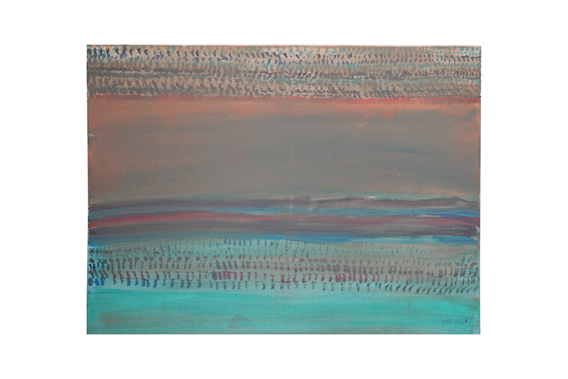 Peinture abstraite structurée par de larges bandes horizontales turquoise, gris rosé et signes répétés.