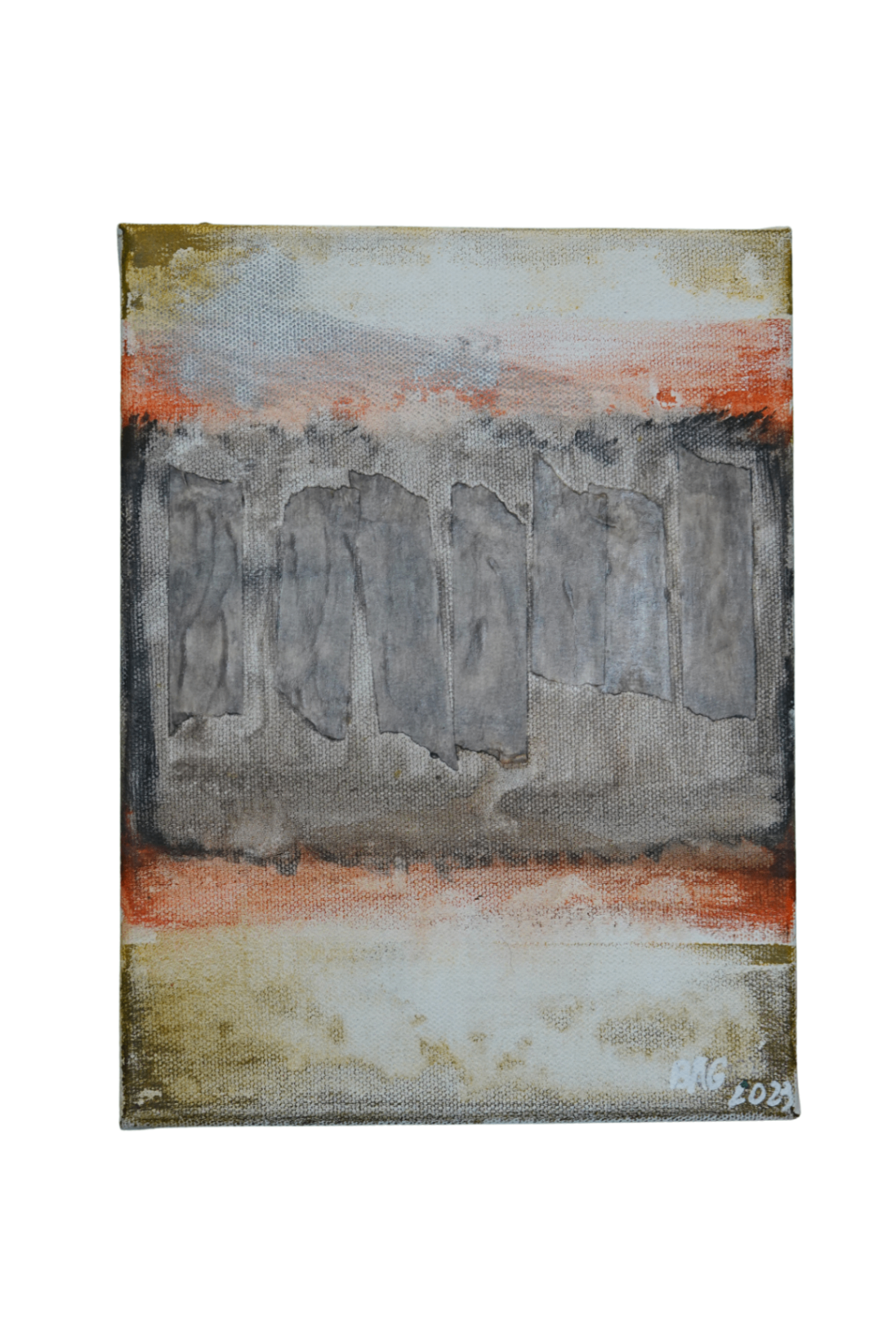 Toile verticale avec cinq pans gris centraux sur fond ivoire, rouille et olive, bordée d'une matière sombre.