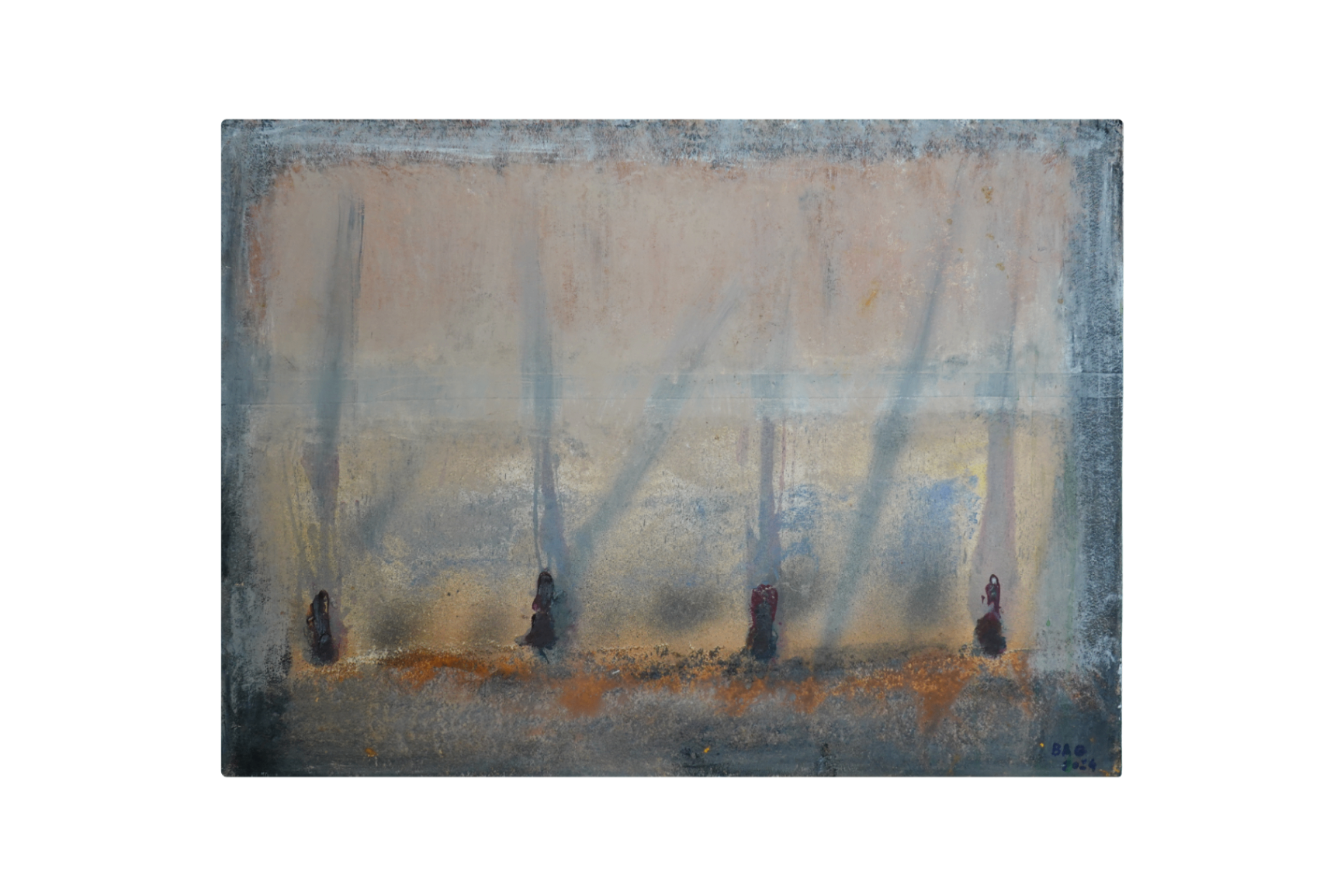 Peinture gris perle avec quatre petites figures sombres dressées au premier plan et de longues ombres verticales.