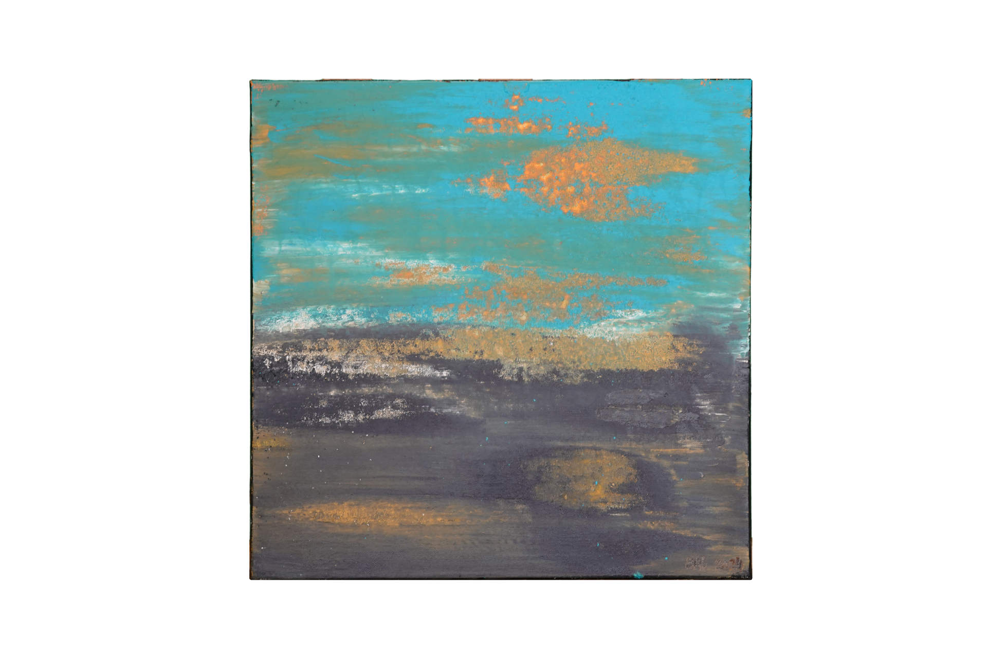 Toile carrée turquoise au-dessus d'une bande nocturne profonde, traversée d'éclats cuivrés évoquant un horizon marin.