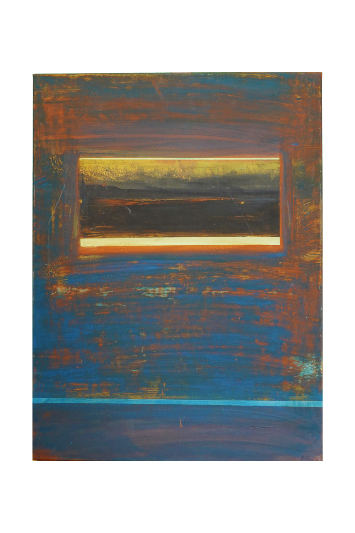 Composition bleue et cuivrée avec ouverture horizontale lumineuse évoquant une fenêtre dans le paysage.