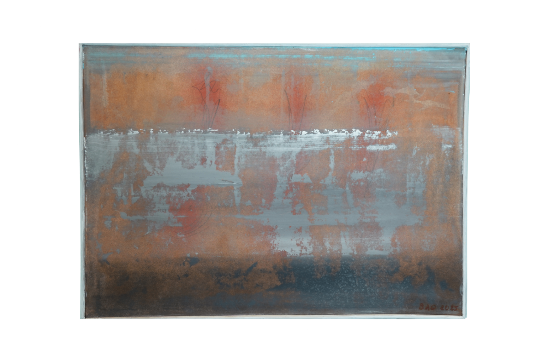 Composition encadrée en rouille, gris bleuté et brun profond, traversée par une ligne blanche horizontale.