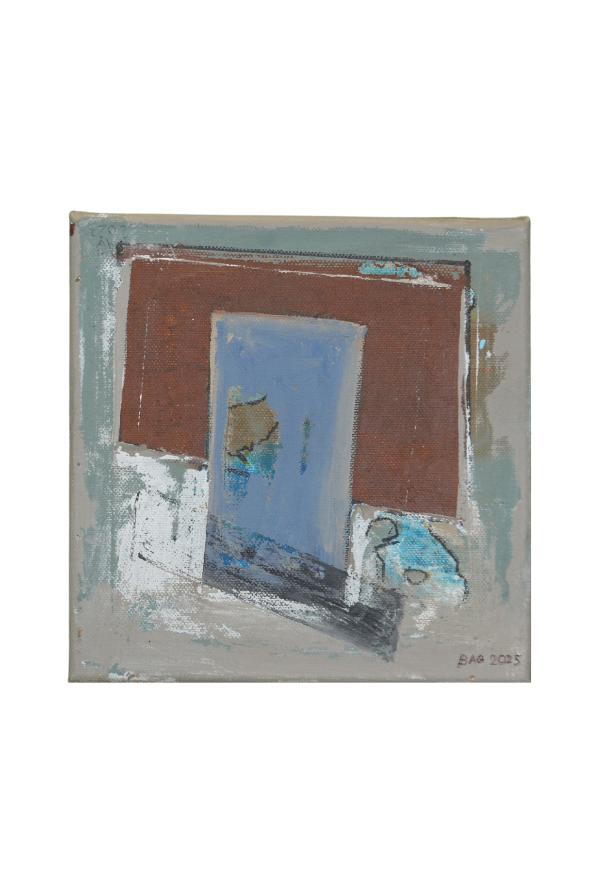 Petite composition avec rectangle brun, panneau bleu central et fragments clairs en collage sur fond gris.