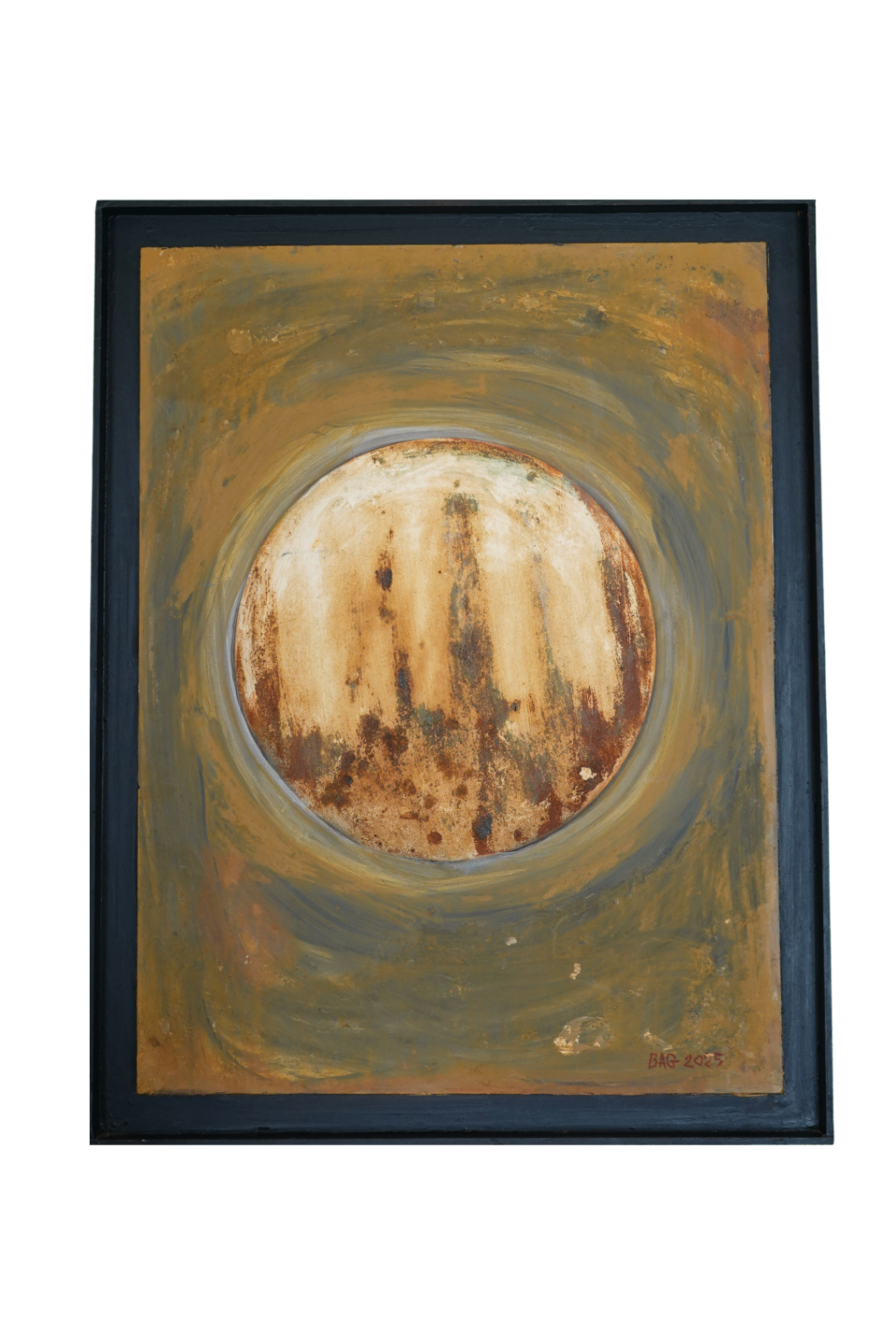 Peinture abstraite avec large forme circulaire claire au centre, entourée d'ocres profonds et d'un cadre sombre.