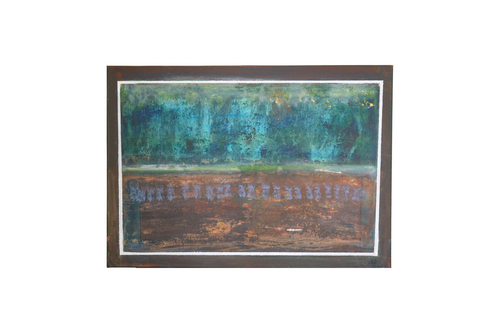 Œuvre encadrée avec large zone turquoise supérieure et bande brune traversée de reflets bleutés.
