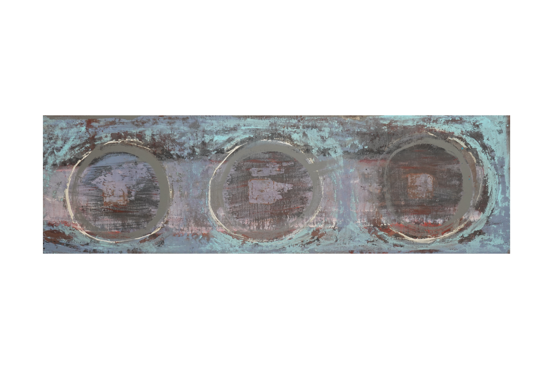 Composition horizontale avec trois cercles gris sur un fond bleuté texturé et lumineux.