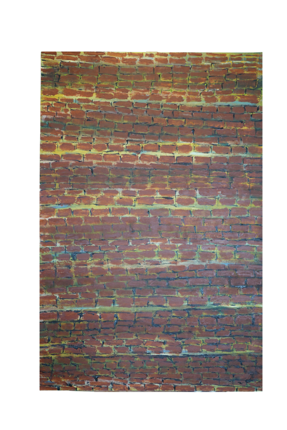 Peinture représentant un mur de briques rouge brun, traité de manière picturale et vibrante.
