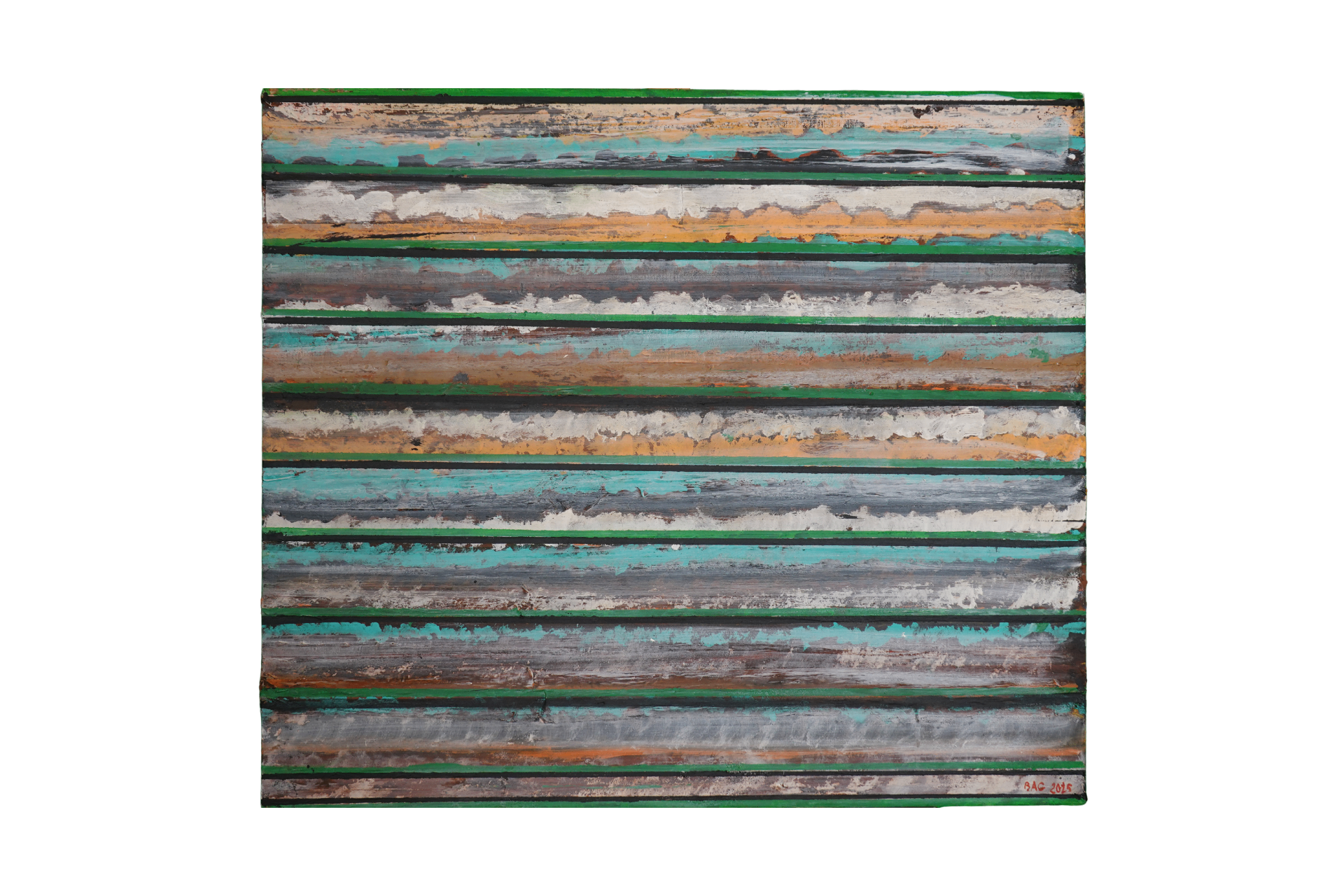 Grand format abstrait composé de bandes horizontales turquoise, vertes, blanches, grises et ocres.
