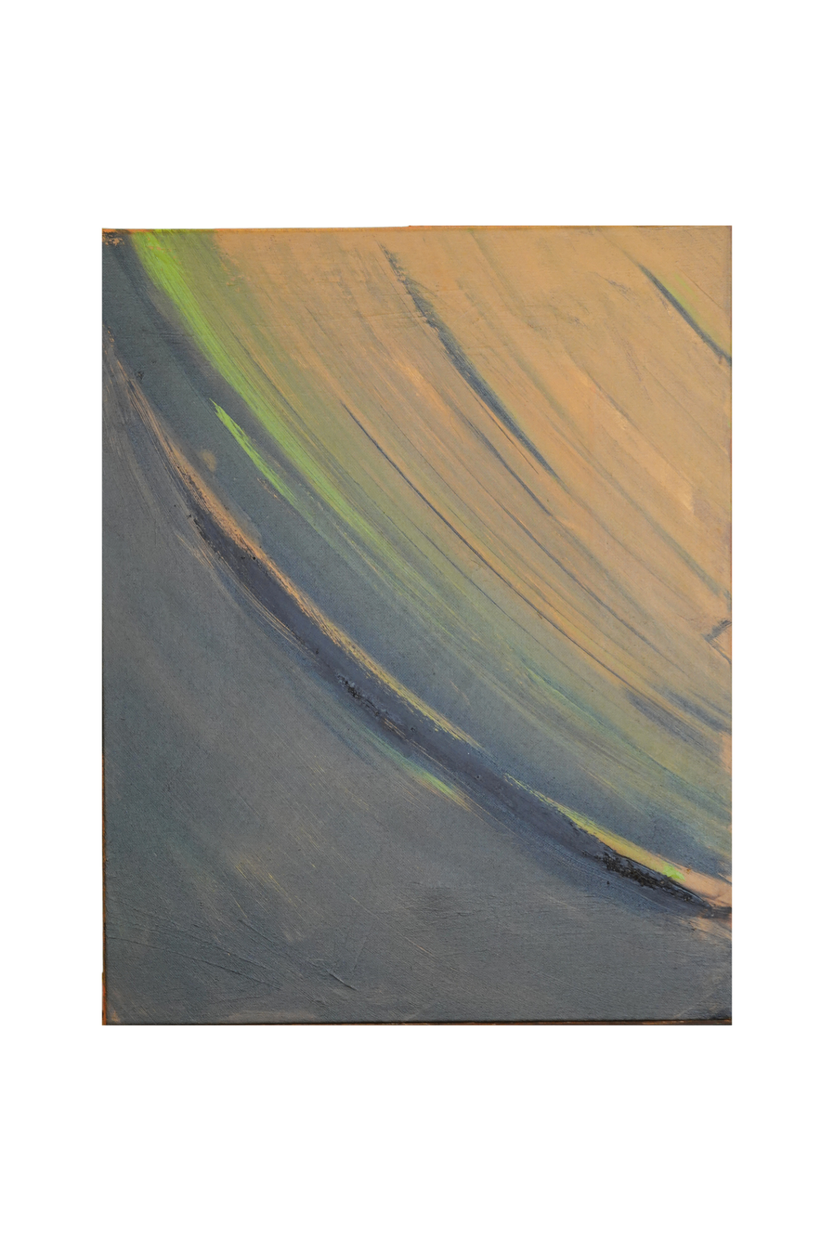 Composition sobre en gris bleuté et ocre clair, traversée par une grande courbe diagonale nuancée de vert.